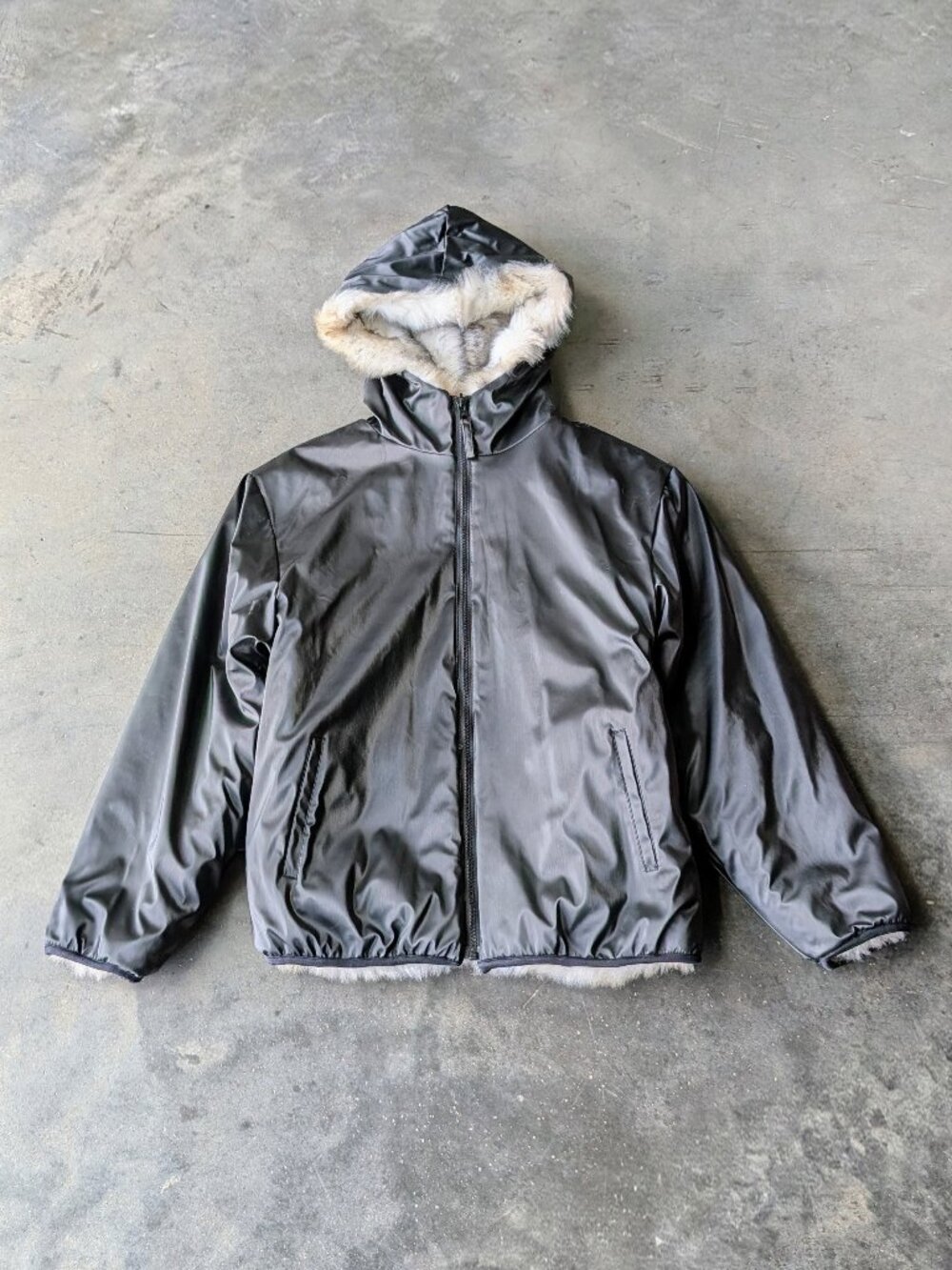 Vintage Y2K Expressions Black Faux Leather Faux Fur Reversible Jacket size 14/16